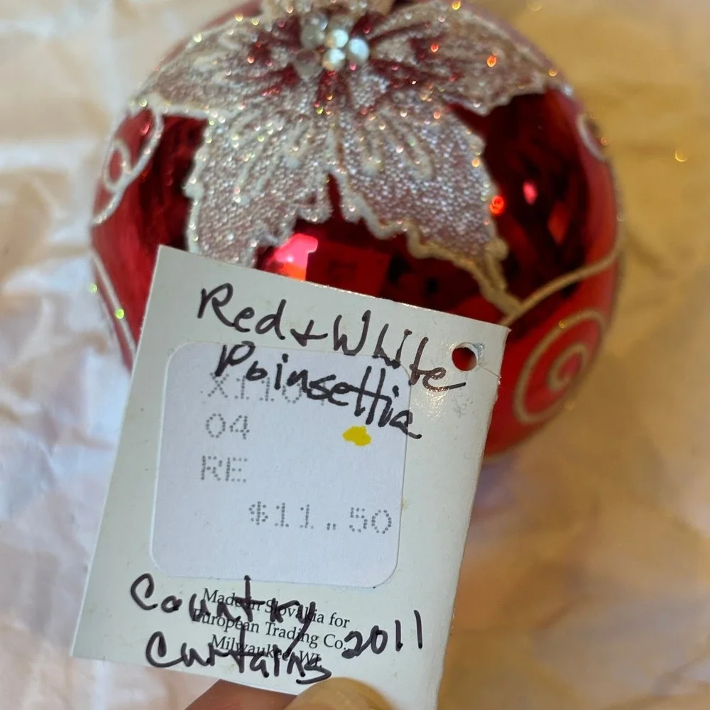 The Golden Bell Collection Glass Red White Poinsettia Ornament Hand Painted